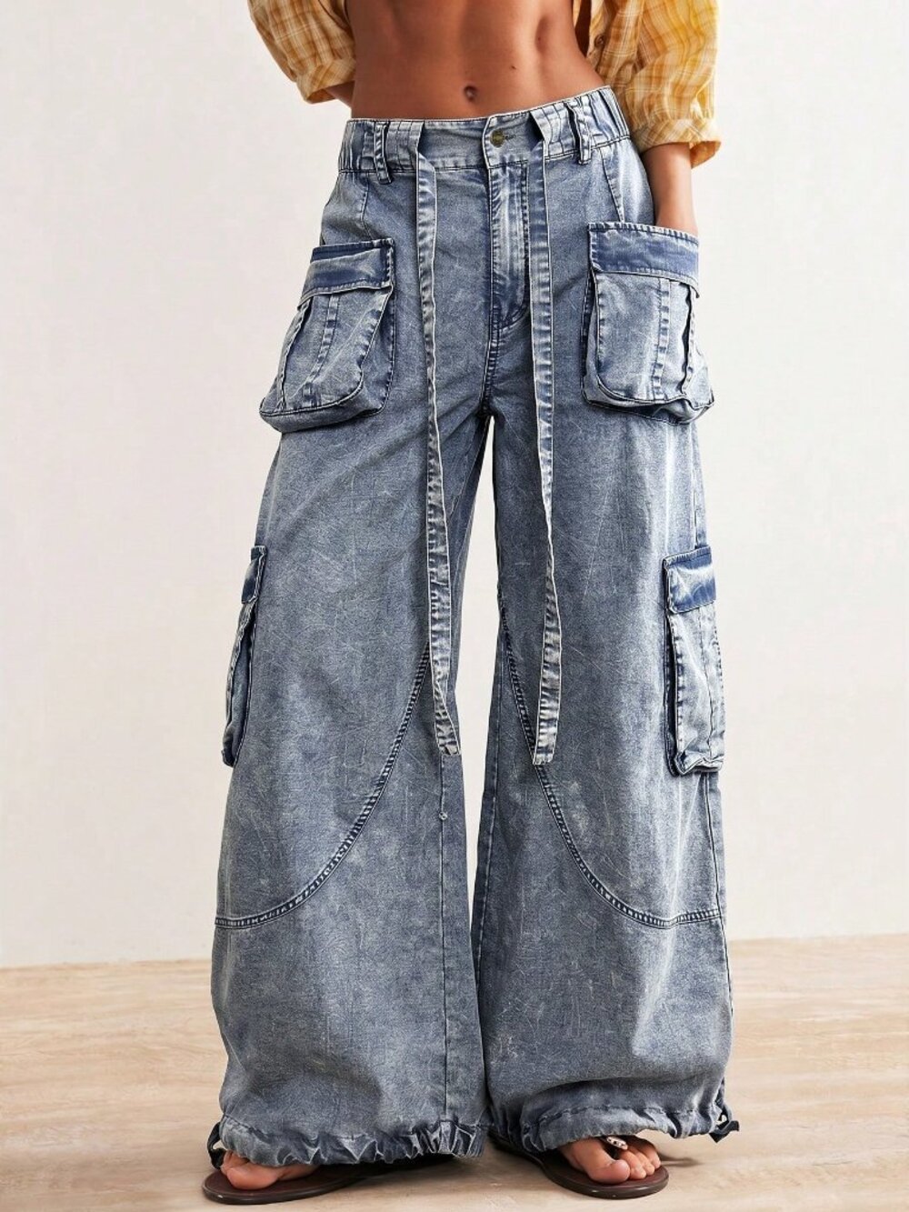 Blue Casual Women's Y2K Woven Relaxed Cuffed Low Waist Long Pants - Picture 1 of 10